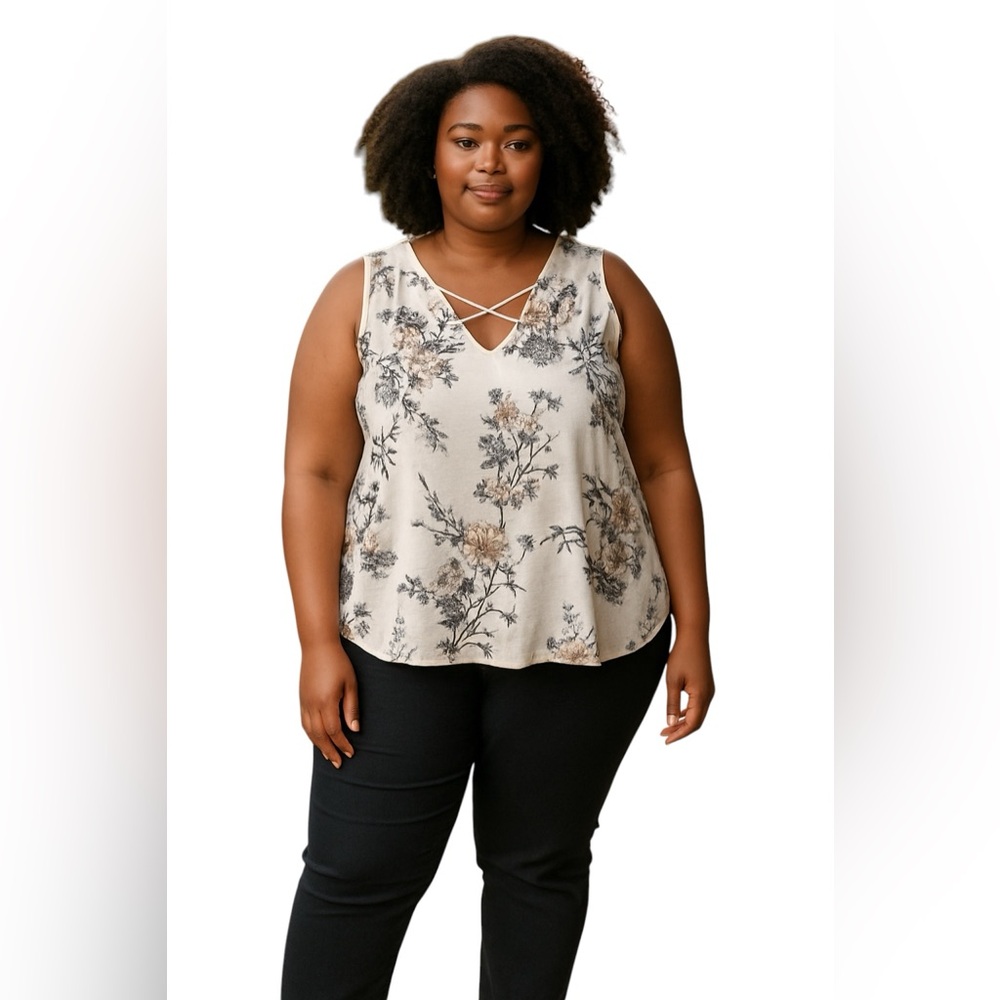 MAURICES FLORAL CAGED V NECK SLEEVELESS TOP Size XXL Cream Brown Tan Taupe Black